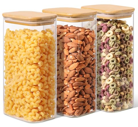 ComSaf 1600ml Rechteckige Vorratsgläser mit Deckel 3er Set, Vorratsdosen Glas mit Deckel Eckig, Glasbehälter zur Aufbewahrung Küchenzutaten, Verratsgläser für Zucker, Nudeln, Reis, Mehl, Pasta