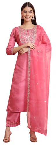 VredeVogel Set Kurta da donna in misto seta ricamato con pantaloni e Dupatta, rosa, XL
