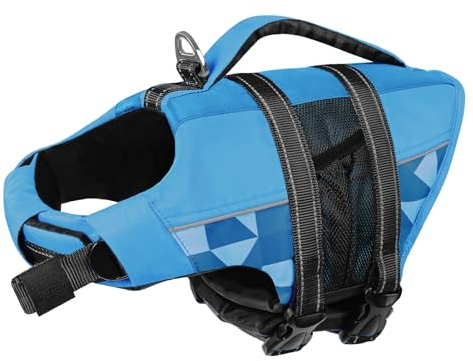 CITÉTOILE Giubbotti di Salvataggio per Cani, Regolabile Salvagente per Animali con Manico, Costume da Bagno di Sicurezza in Acqua per la Vela in Piscina Sulla Spiaggia, Blu, S