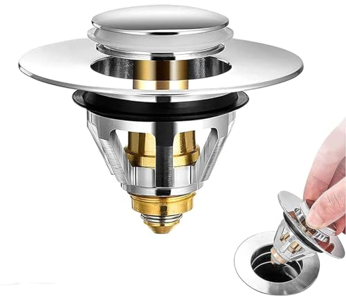 Bathroom Sink Plug Replacement, Brass Universal Pop Up Drain Stopper with Bounce Core, Bath Basin Plug Filter with Basket Hair Catcher, Push Type Sink Strainer No Overflow for Bathroom,34-38mm