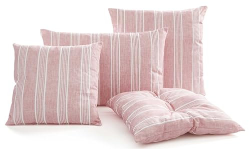 DecoHomeTextil Heimtextilmanufaktur Kissen Dekokissen Zierkissen mit Füllung und Reißverschluss Bilbao Streifen Altrosa 4er-Set 50x50 cm wasserabweisend pflegeleicht Outdoorkissen Garten