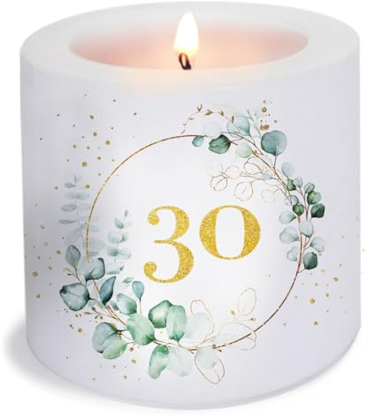 Serviettenshop Kerze 30 Jahre als Tischdeko oder Geschenk für Geburtstag und goldene Hochzeit. Kerze mit Motiv und Eukalyptusduft, Ø8 x Höhe 7,5cm