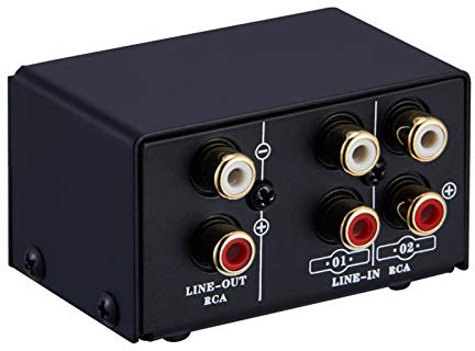 summina LYNEPAUAIO Audio Switcher RCA, 2 in 1 Out/1 in 2 Out Stereo, A/B Switch, Splitter Box for Computer Speakers and Headphones, No Distortion, Metal, Black