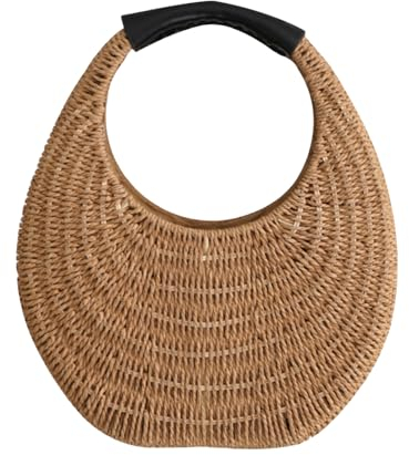 JOLLQUE Straw Bag for Women,Summer Hand Woven Small Hobo Handbag Purse,Solid Round Top-Handle Clutch for Beach Straw Bags(Khaki)