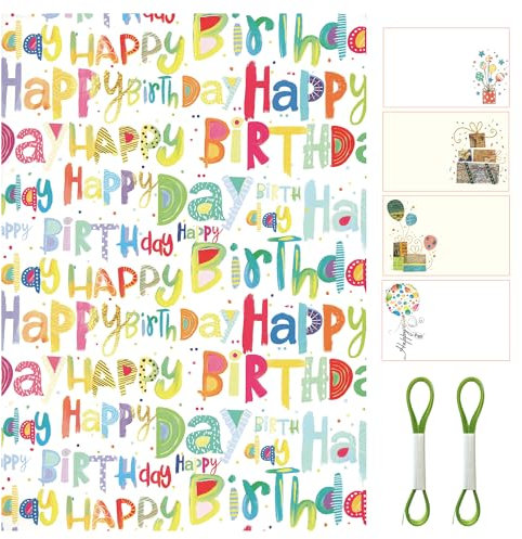 ARKRAFT Geschenkpapier-Set 4 Bögen Format 90 x 65 cm 4 Grußkarte 2 x 5 m Band (Set 18-9094)