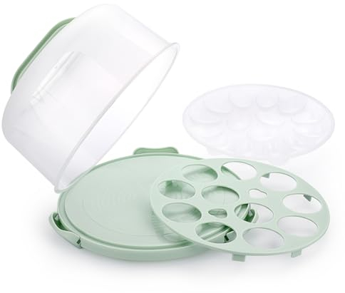 SUMNACON Supporto per torte in plastica con coperchio e manico, contenitore rotondo per torte da 25,4 cm, contenitore per cupcake con contenitori per uova, vassoio per uova, per torte, cupcake,