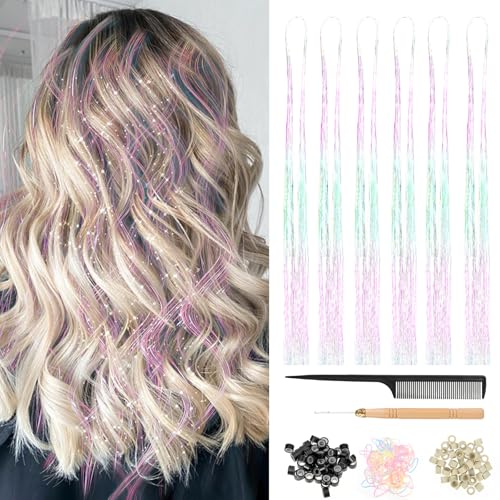 6 Stück Haar Lametta, Hair Tinsel Haarsträhnen Glitzersträhnen Haarverlängerung Fairy Haarlametta Haarextension Kit, für Party Haar Glitzer Tinsel Hair Fairy Hair Mädchen