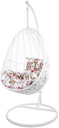 Kideo Swing Chair, Lounge-Möbel, Loungesessel Polyrattan, Hängestuhl, Hängesessel mit Gestell & Kissen (weiß/geblümt)