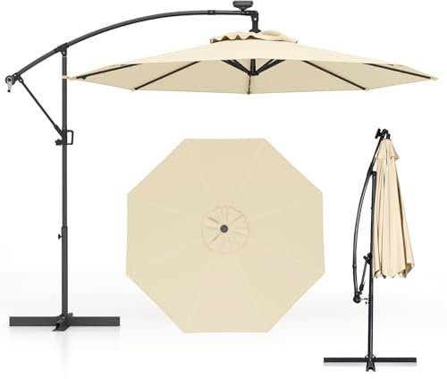 COSTWAY 3M Cantilever Garden Parasol, Hanging Offset Umbrella with 32/40 LED Lights & Solar Panel Batteries, Outdoor Water-proof Canopy Sunshade Shelter for Patio Balcony (Beige, without Sand Bag)