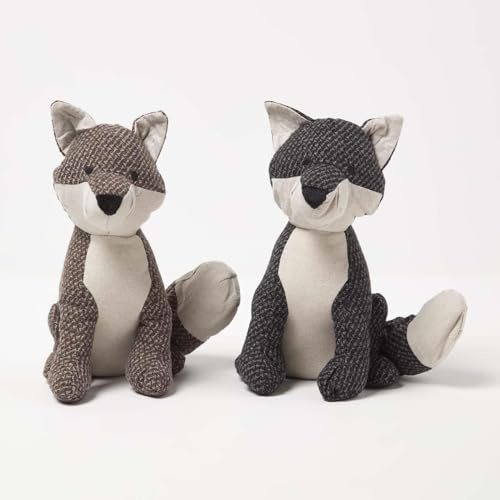 HOMESCAPES Textured Fox Door Stops, Set of 2 in Grey and Brown, 30 cm, Luxuriously Soft Material Animal Door Stoppers for Home or Office Heavy 1.6 kg