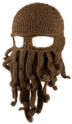 WUODHTW Bart-Oktopus-Piratenhüte, Bartmütze, lustige warme Mütze für Damen und Herren, Wintermütze, Wikingermütze, Halloween-Maske, Flacher Kaffee, Einheitsgröße
