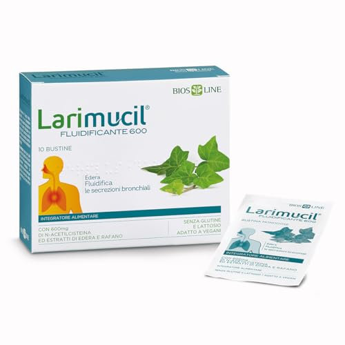 BIOS LINE Larimucil Fluidificante 600, Integratore Alimentare per le Vie Respiratorie, per Tosse e Catarro, Fluidifica le Secrezioni Bronchiali, 10 Bustine Gusto Agrumato