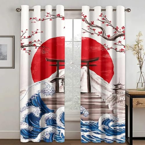 IKDZCM Rideaux occultants Longs à Motif de Vagues de Lever de Soleil Japonais Blcak pour Salon, Chambre à Coucher, décoration, 2 Panneaux WxH/2x140x245cm Rideau Dressing