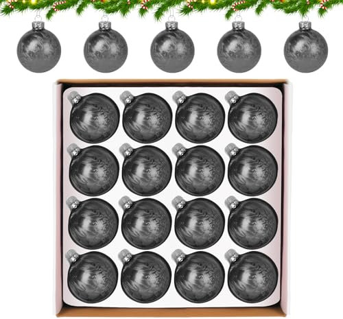 Hengsong Weihnachtskugeln Glas Grau,16er Christbaumkugeln Glas,Weihnachtskugeln Grau Set für Weihnachtsbaumschmuck&Christbaumschmuck&Christbaumkugeln,mit Federmotiv,6cm