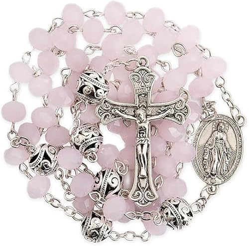 Nazareth Store Collana Rosario Misteriosa con Grani di Preghiera Cristallo da 8 mm e Lega da 10 mm, Medaglia Miracolosa e Croce Cattolica