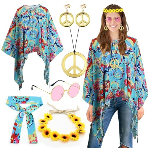 6 Stück Hippie Kostüm Damen,Hippie Kleidung Damen,Kostüm 60/70/80er Jahre Damen, Jahre karnevalskostüme da-men accessoires /Blumen Stirnband/Retro Sonnenbrille/ Ohrringe/ Friedenszeichen Halskette