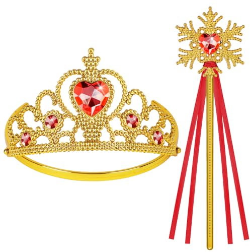 HOTUT Prinzessin Tiara Krone und Zauberstab, Princess Dress Up Zubehör, Tiara Kinder und Zauberstab Set, Prinzessin Kleid Zubehör für Weihnachtsdekoration, Cosplay, Themenpartys - Gelb