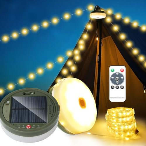 SUBOSI Cadena de luces solares de camping de 20 m, enrollable, carga solar y USB, 230 ledes, luz blanca cálida, con mando a distancia, 8 modos, luces portátiles para camping, patio