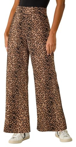 Roman Wide Leg Trousers for Women UK Ladies Palazzo Pants Evening Jersey Elasticated High Waist Smart Flared Culotte Office Work Going Out Loose Crepe Bottoms - Leopard Tan - Size 20