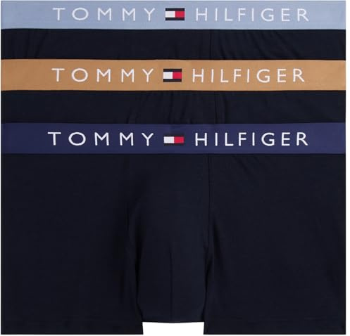 Tommy Hilfiger Men’s 3 Pack Trunks with Logo Waistband, Multicolor (Prp Nvy/Hckory/Brk Blu), M