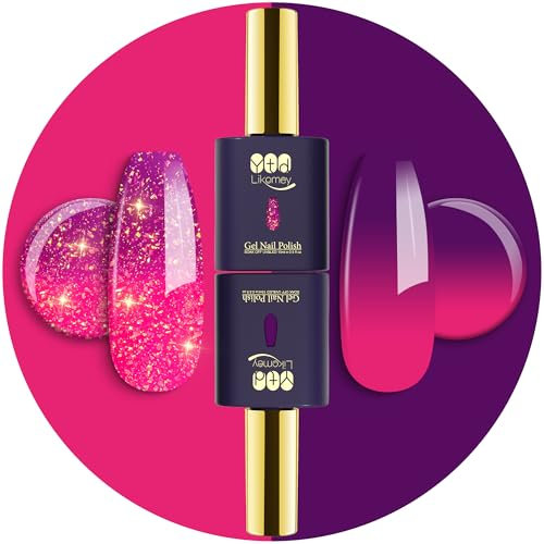 YTD Likomey UV Nagellack Set,2 Pcs 15ml Farbwechsel Thermo Farbgel Reine Farbe und Glitter,Chamäleon Color Change Nagelgel Farbmischung UV LED Gellack-Hot Pink bis Violett