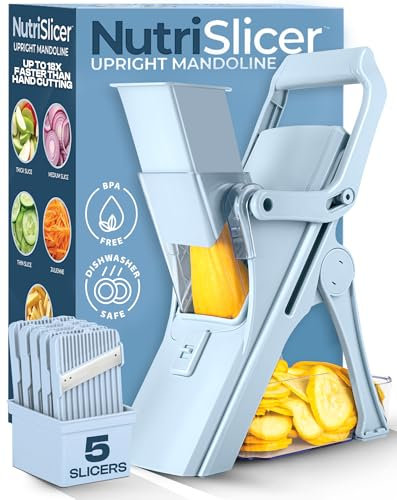 EMSON Safe Mandoline Slicer for Kitchen, All in 1 Mandoline Slicer for Food Works as Potato Slicer, Vegetable Slicer, Food Slicer, French Fry Cutter and More with 5 Blades and Storage Container