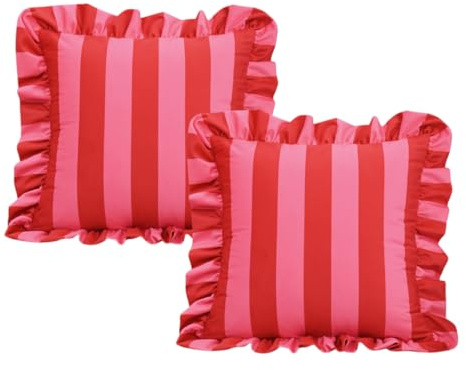 Dutchwool Quadratische Überwurf-Kissenbezüge, 45,7 x 45,7 cm, 2er-Set, Rüschen, für Bett, Baumwolle, Polyester, Couchbezug, Akzent-Kissenbezüge, Rot und Weiß gestreift, Rot