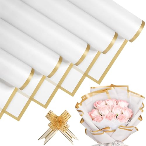 Kisvic 20 Blumen Papier, Blumenstrauß Geschenkpapier, Wasserdicht Wrapping Paper Goldrand mit Band für Geschenkverpackungen, Handwerk, Sträuße Festival Hochzeit 58x58cm, Weiß