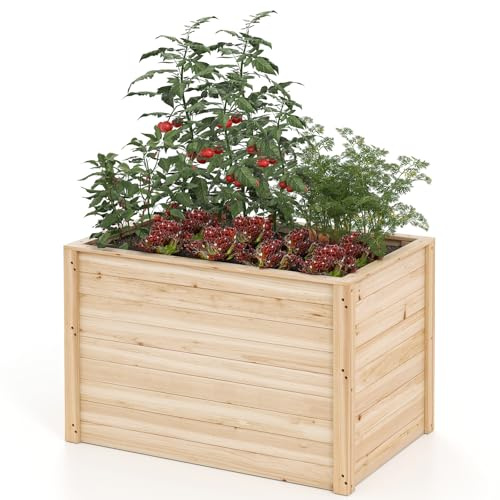 HOMASIS Maceta rectangular de madera de abeto, huerta elevada para exteriores, con base abierta, jardinera elevada para jardín, balcón o terraza, para flores, hierbas, frutas y verduras, 100 x 64 x
