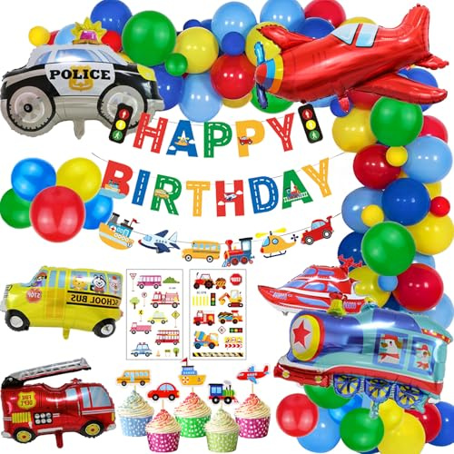 96PCS Verkehr Theme Ballonbogen Set, geburtstagsdeko jungen, Verkehr Party Supplies, enthält Banner, Folienballons, blau, gelb, rot und grün Latex-Ballons, Kuchen Cup Dekorationen, Aufkleber