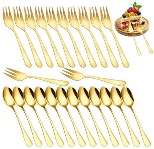 LOMUG Kaffeelöffel & Kuchengabeln Set Gold, 24-teilig aus Edelstahl, Kleine Dessertlöffel und Dessertgabeln, Spülmaschinenfest, Ideal für Kaffee, Kuchen, Hochzeit, Geburtstag und Weihnachten