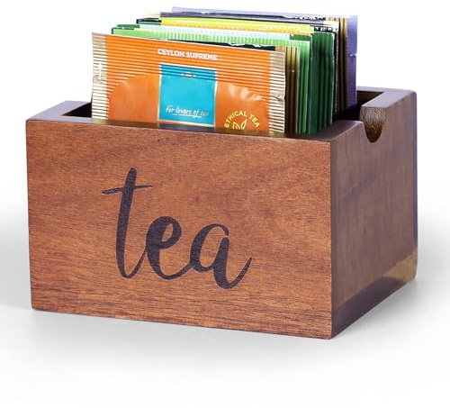 Acacia Sugar Packet Caddy for Coffee Bar, Farmhouse Wood Sugar Holder Packets , Sugar Packet Container, Small Tea Bag Organizer for Office Table,Hotel, Restaurant, Brown Labeled Tea