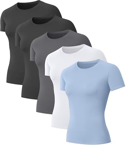 NebuKinex 5-Pack Women's Compression Shirts Short Sleeve Workout Tops Athletic Baselayer Quick Dry Gym Yoga Running T-Shirt Medium
