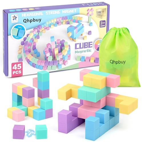 45 Pcs Magnetische Bausteine Reiseset, 2.5cm Mini Magnetbausteine Kinder, Magnetic Building Blocks Große DIY Magnetspiel Konstruktionsspielzeug, Magnetwürfel Spielzeug ab 3 4 5 6 Jahre Jungen Mädchen