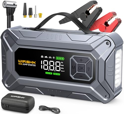 WIRSHK Avviatore Batteria Auto 8000A con Compressore Aria 160 PSI,Booster Avviamento Auto 12V 27000mAh per All Gas or 10.0L Diesel,Display LCD,Power Bank,Torcia LED, Avviamento Forzato