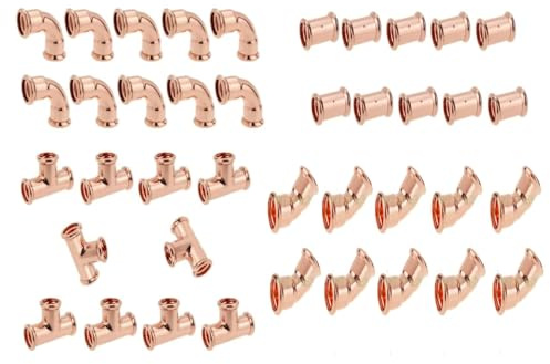 15mm Press Fit Fittings Set 40pcs – 10x Straight Couplers, 10x 90 Degree Elbows, 10x Equal Tees, 10x Elbows 45 Degree M-Profile WRAS Approved