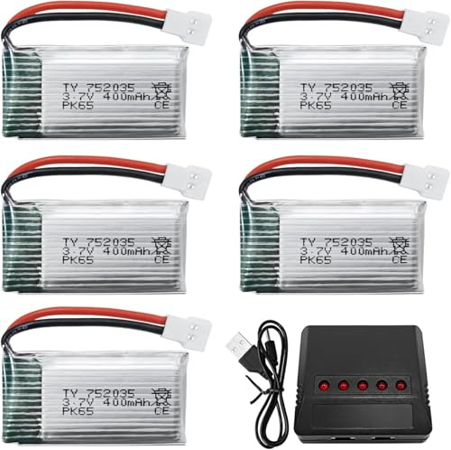 5PCS 3.7V 400mAh Lithium Battery with 5 in 1 Charger for H99W H31 H6C H98 AT-96 TR-C385 TR-P51 TR-F22Quadcopter Spare Parts Drone Battery