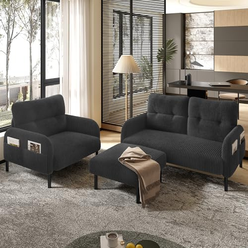 ZIDEY Schlafsofa 3er Set - Sessel + Hocker + 2-Sitzer Sofa - Modular kombinierbar Sofa mit Seitentasche Für Wohnzimmer & Schlafzimmer, Grau