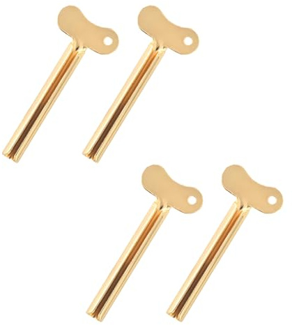 4 exprimidores de tubo de pasta de dientes dorados, dispensador de pasta de dientes con agujero para colgar, escurridor de tubo de rodillo de acero inoxidable para artículos tubulares