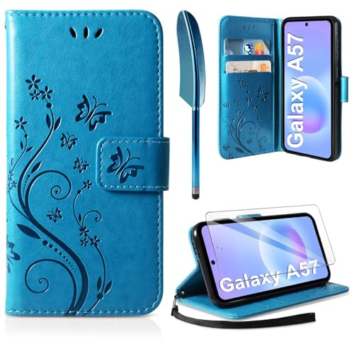 AROYI Lederhülle für Samsung Galaxy A57 5G Hülle und Schutzfolie | Blau Flip Wallet Handyhülle PU Leder Magnet Ständer Tascher Kartenfach Case Schutzhülle
