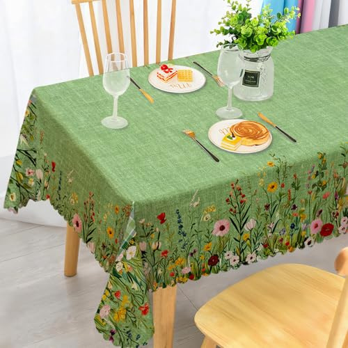 Tischdecke Rechteckig Wetterfest Abwaschbar - Polyester Grüne Blumen Muster - Outdoor Tischdecke für Garten Küche Esszimmer Balkon - für 6-8 Personen - Wasserdicht & Langanhaltend - 140x240 cm