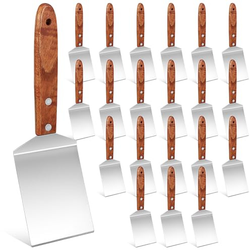 20 Pack Professional Metal Spatula for Cast Iron Skillets and Flat Top Grills, Full Tang Wooden Handle,Stainless Steel Blade, Smash Burger Spatula Turner for Flipper, Cooking, BBQ, 20 x 6.5cm