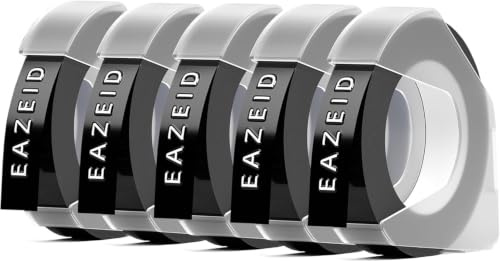 EazeID Prägegerät Etiketten Kompatibel mit Dymo Omega Etikettenband 9mm | Prägeband Schwarz 3D, für Dymo Junior Home S0717930 S0717900 Etikettiergerät, Selbstklebendes Vinyl Schriftband, 5 Rollen