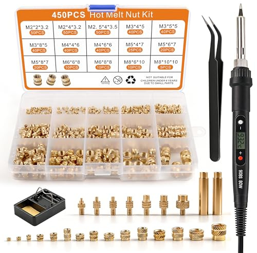 450 Stk Gewindeeinsätze M2-M8 Löt Set, Regelbarer Lötkolben für 3D-Druck | Gewindeeinsatz Set mit 7 stk Lötspitzen & 2 Adapter & Lötkolbenständer & Pinzette, Gewindeeinsätze M2 M2,5 M3 M4 M5 M6 M8