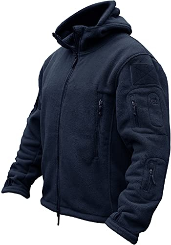 TACVASEN Uomo Giacca Militare Tattica in Pile Cappello Caldo Antivento da Esterno con Tasche Multiple, Navy blu, XXL