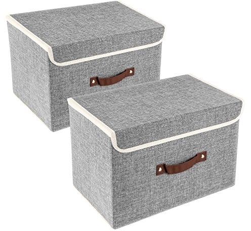 TYEERS Collapsible Storage Box with Lid, Fabric Storage Box for Clothes, Wardrobe Storage, 38x25x25 cm, Set of 2, Grey