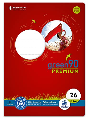 Staufen Green Heft - DIN A4, Lineatur 40 (5mm kar. mit Umrandung), 16 Blatt, 90g/m² Recyclingpapier, runde Ecken verhindern Eselsohren, 4 verschiedene Motive (keine Auswahl möglich), 1 Stück