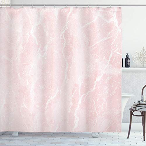 ABAKUHAUS Marmor Duschvorhang, Trübe Mineral Scratches, Stoffliches Gewebe Badezimmerdekorationsset mit Haken, 175 x 200 cm, Pale Pink Weiß