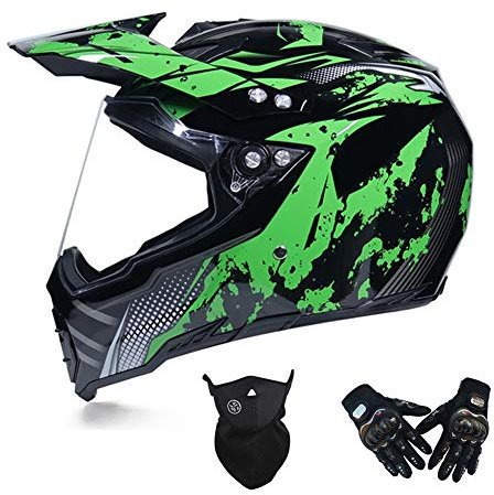 MRDEAR Casco Motocross con Guanti Face Mask - Nero e Verde/ Fodera Rimovibile - Casco Downhill Integrale Visiera Casco Moto Cross Adulto per Enduro MTB Offroad Scooter Sport,Xxl