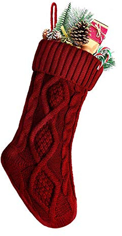 Meiwash Weihnachtssocken Deko Weihnachten Strumpf Weihnachtssocke Kabel Gestrickt Strumpf Burgund Stricken Größe Personalisiert Weihnachtsstrümpfe Geschenk Dekorationen (46cm, Rot)